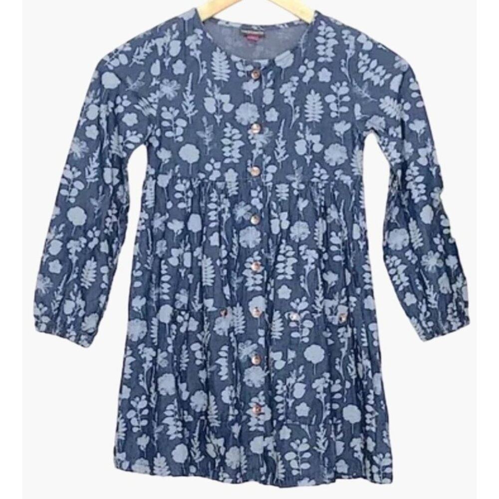 Vince Camuto Girls Size 3T Floral and Leaf Print Button Down Dress Blue Chambray